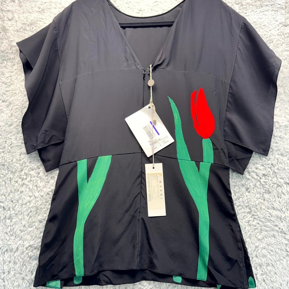 Marni Tulip Floral Blouse Womens IT 44 Black Oversized Designer Art Top Italy 8 - Picture 8 of 11